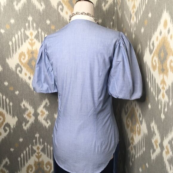 Ralph Lauren Blue & Off White Pouf Sleeve Bib Front Cotton Tuxedo Blouse - Picture 8 of 13